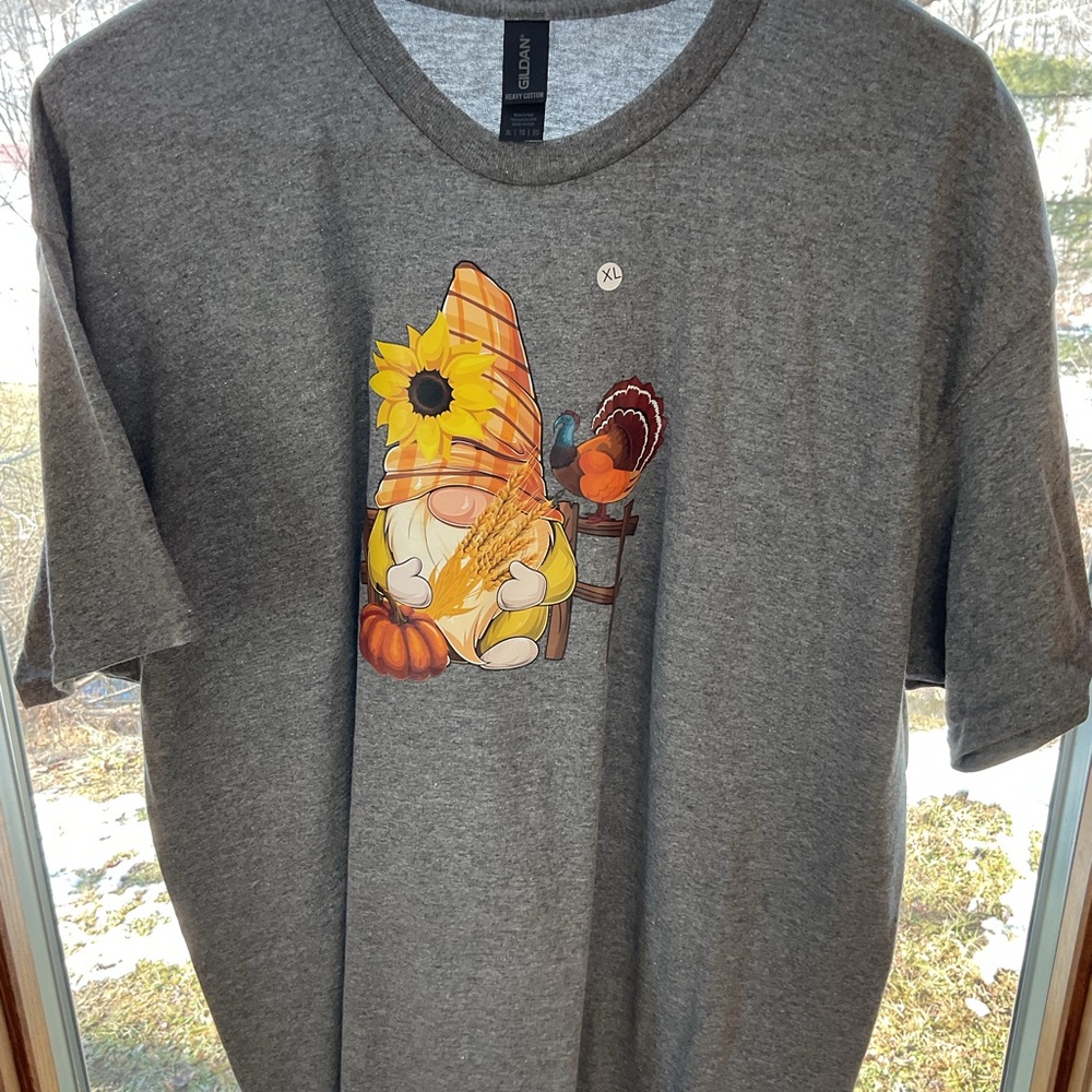 Gildan Gray Cat T-Shirt with Gnome and Sunflower